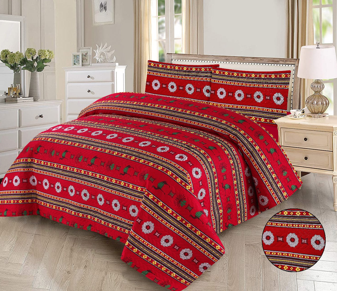 Bold 3-Pieces Red Tribal Printed Bedsheet Set - Unique Ethnic Bedding