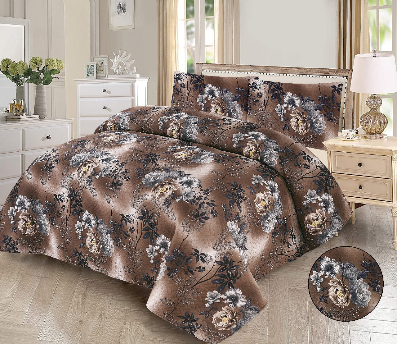 Chic 3-Piece Brown Floral Printed Bedsheet Set - Modern Bedding Decor