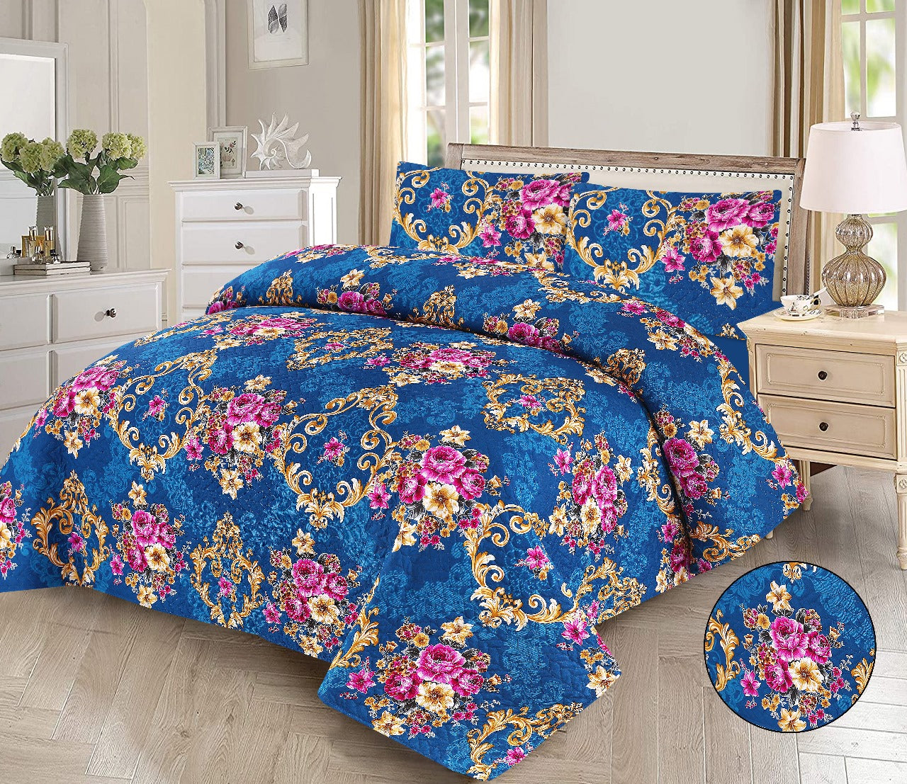 Luxury 3-Piece Blue Ornate Floral Printed Bedsheet Set - Premium Bedding