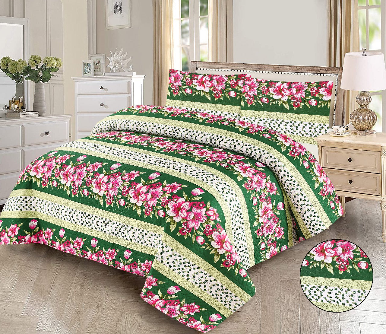 Vibrant 3-Piece Green Floral Stripe Printed Bedsheet Set - Trendy Bedding
