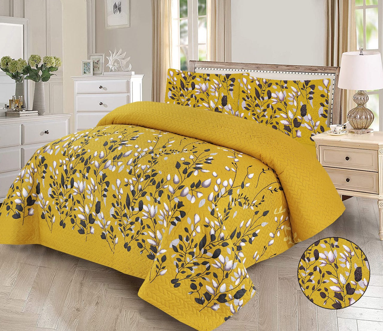Elegant 3-Piece Yellow Floral Printed Bedsheet Set - Luxurious Bedding Collection