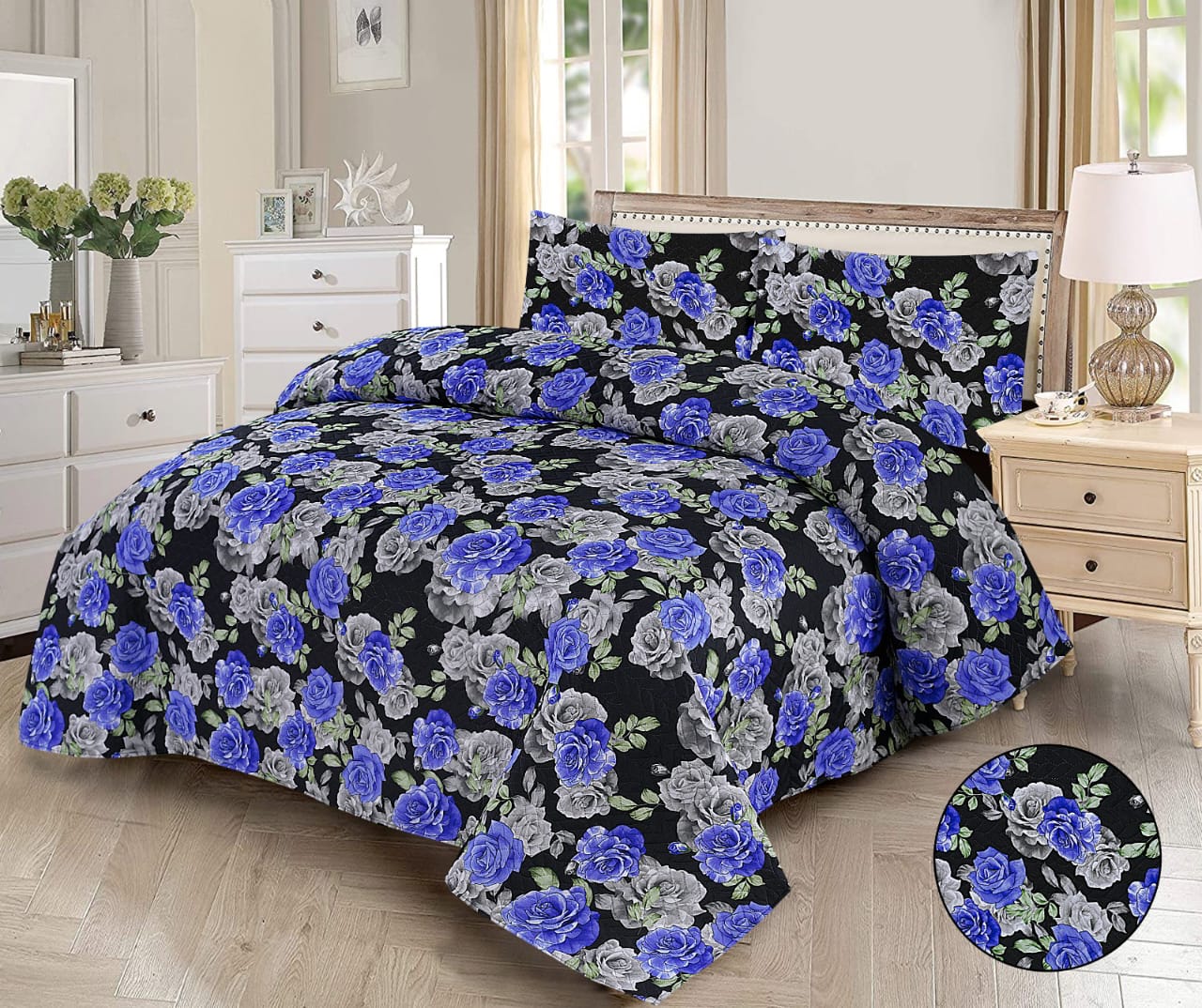 Elegant 3-Piece Shadow Bloom Rose Printed Bedsheet Set
