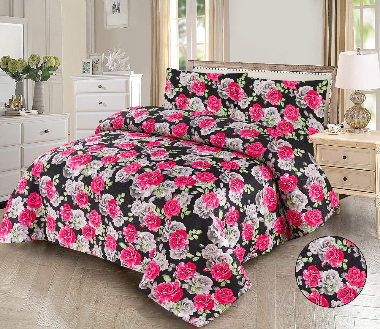 Charming 3-Piece Soft Pink Quilted Printed Bedsheet Set - Delicate Bedding