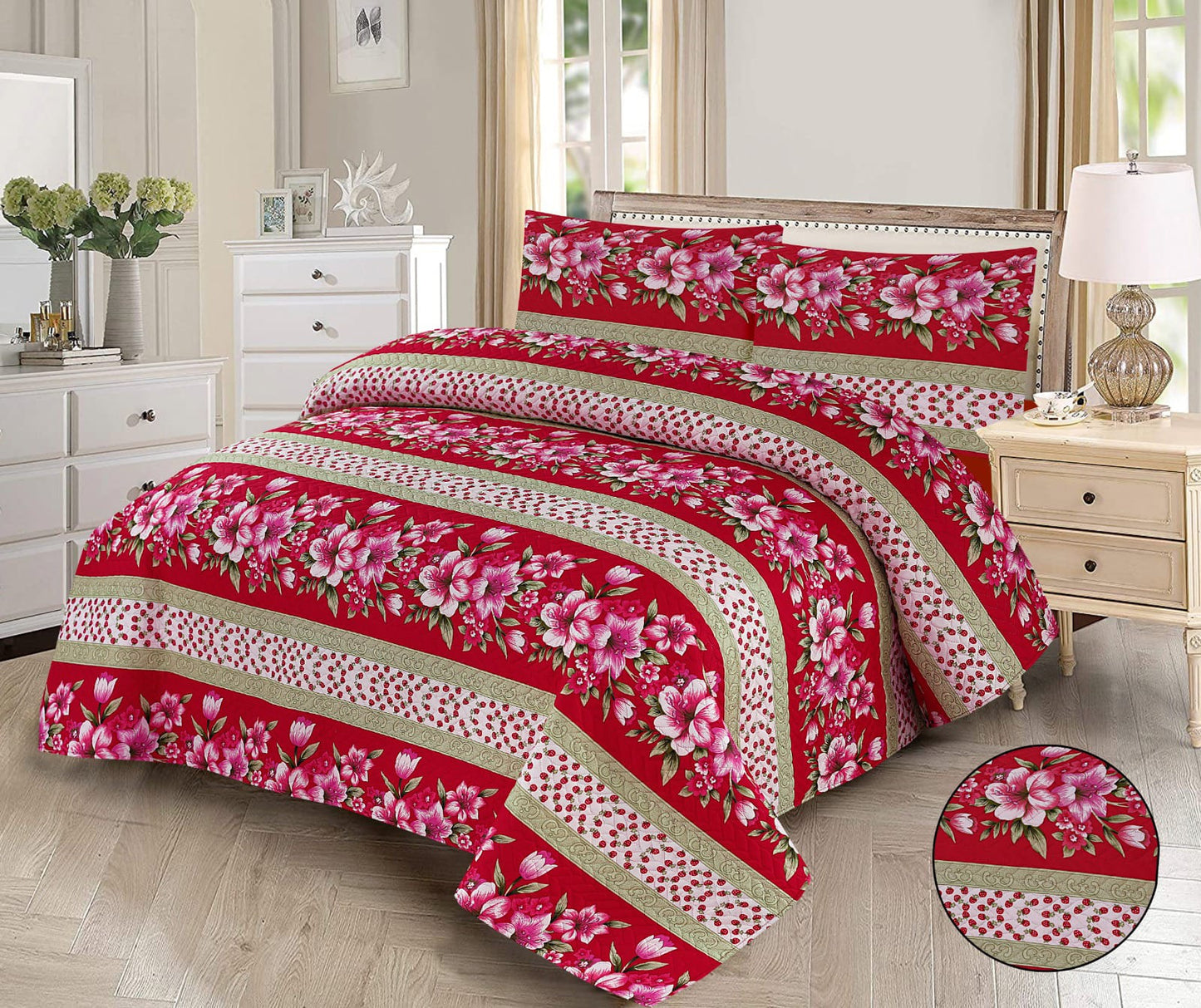 Sophisticated 3-Piece Dusty Rose Padded Printed Bedsheet Set - Plush Artisan Bedding