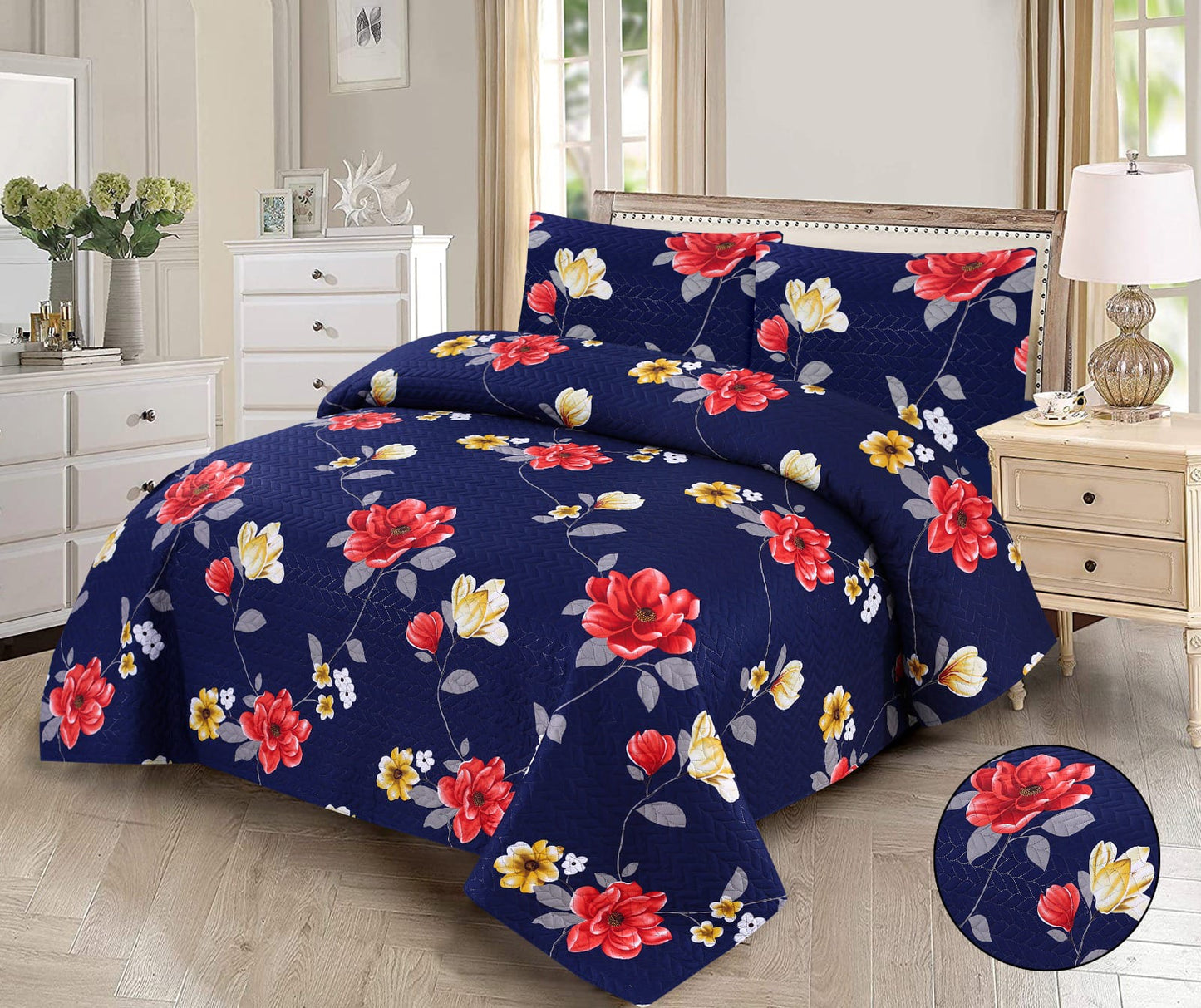 Vibrant Crimson Floral 3-Piece Printed Bedsheet