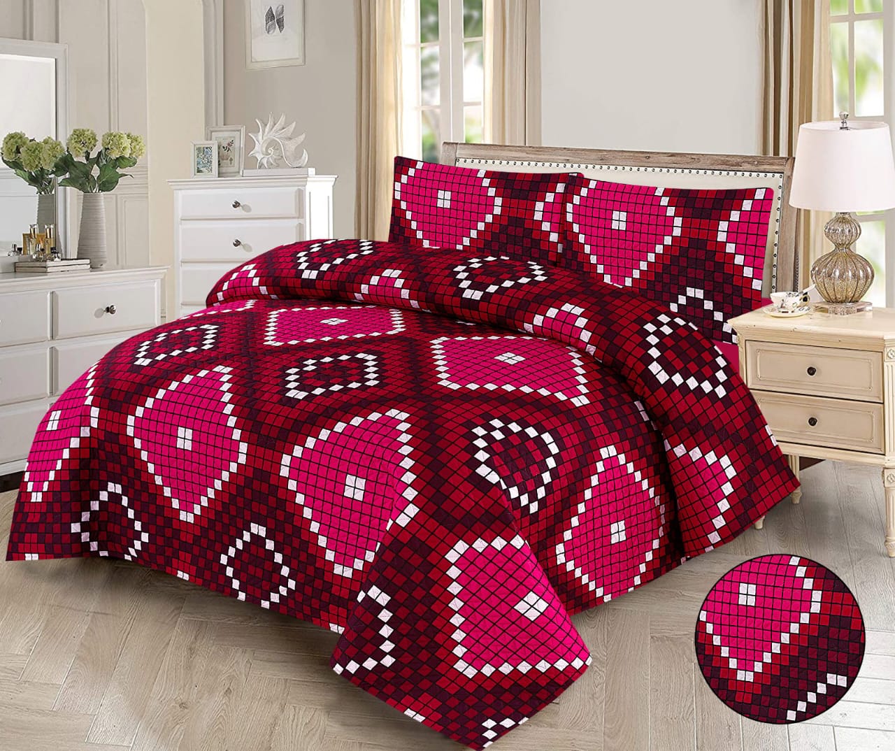 Bold Magenta Mosaic 3-Piece Printed Bedsheet