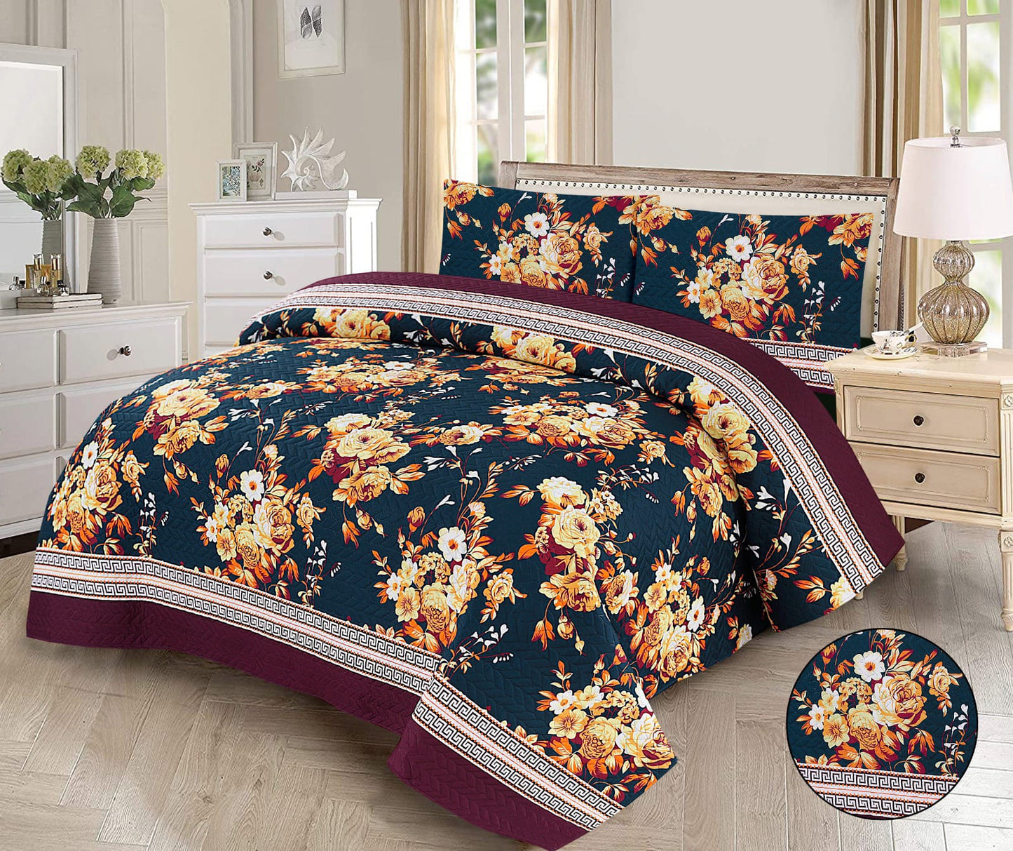 Lively Amber Floral 3-Piece Printed Bedsheet