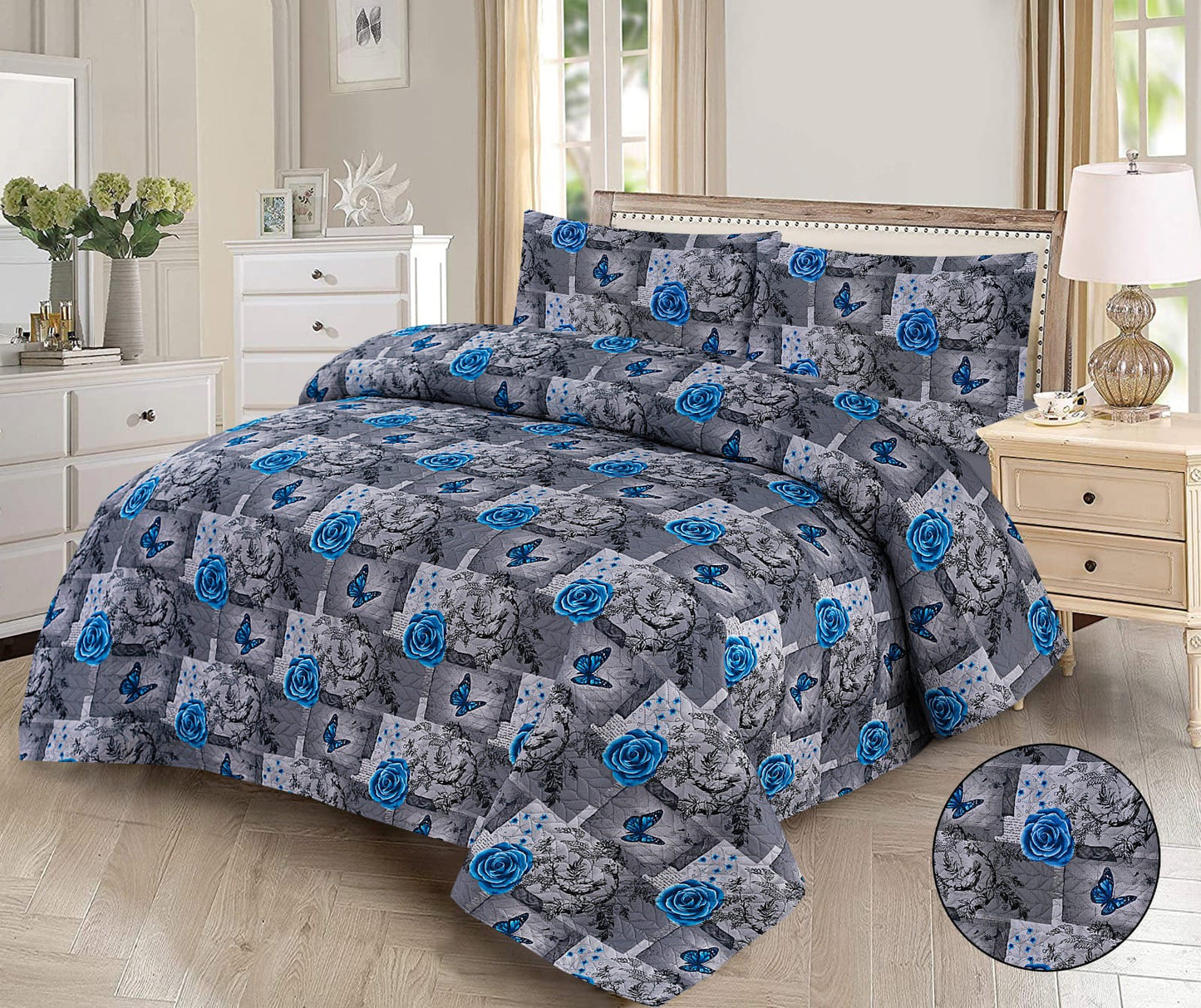 Cool Slate Blue Rose and Butterfly 3-Piece Printed Bedsheet