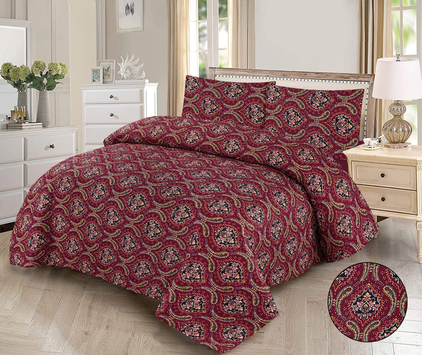 Rich Maroon Paisley 3-Piece Printed Bedsheet