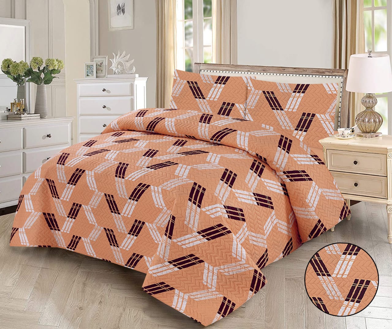 Peach Geometric Weave 3-Piece Printed Bedding Set