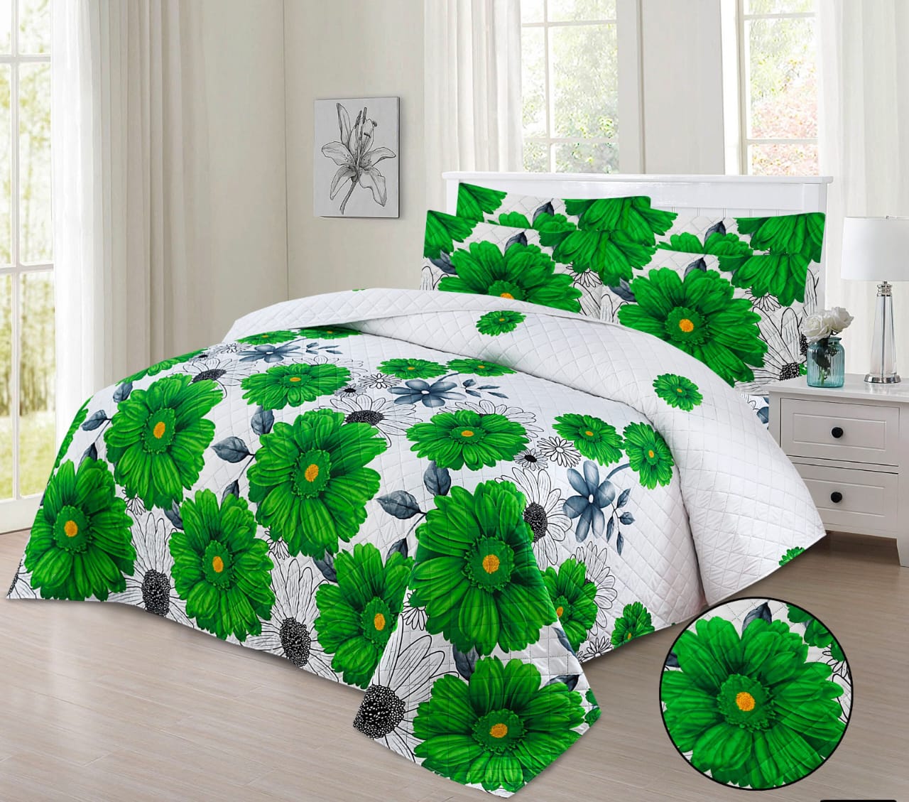 Emerald Floral Burst 6-Piece Printed Bedspread Set