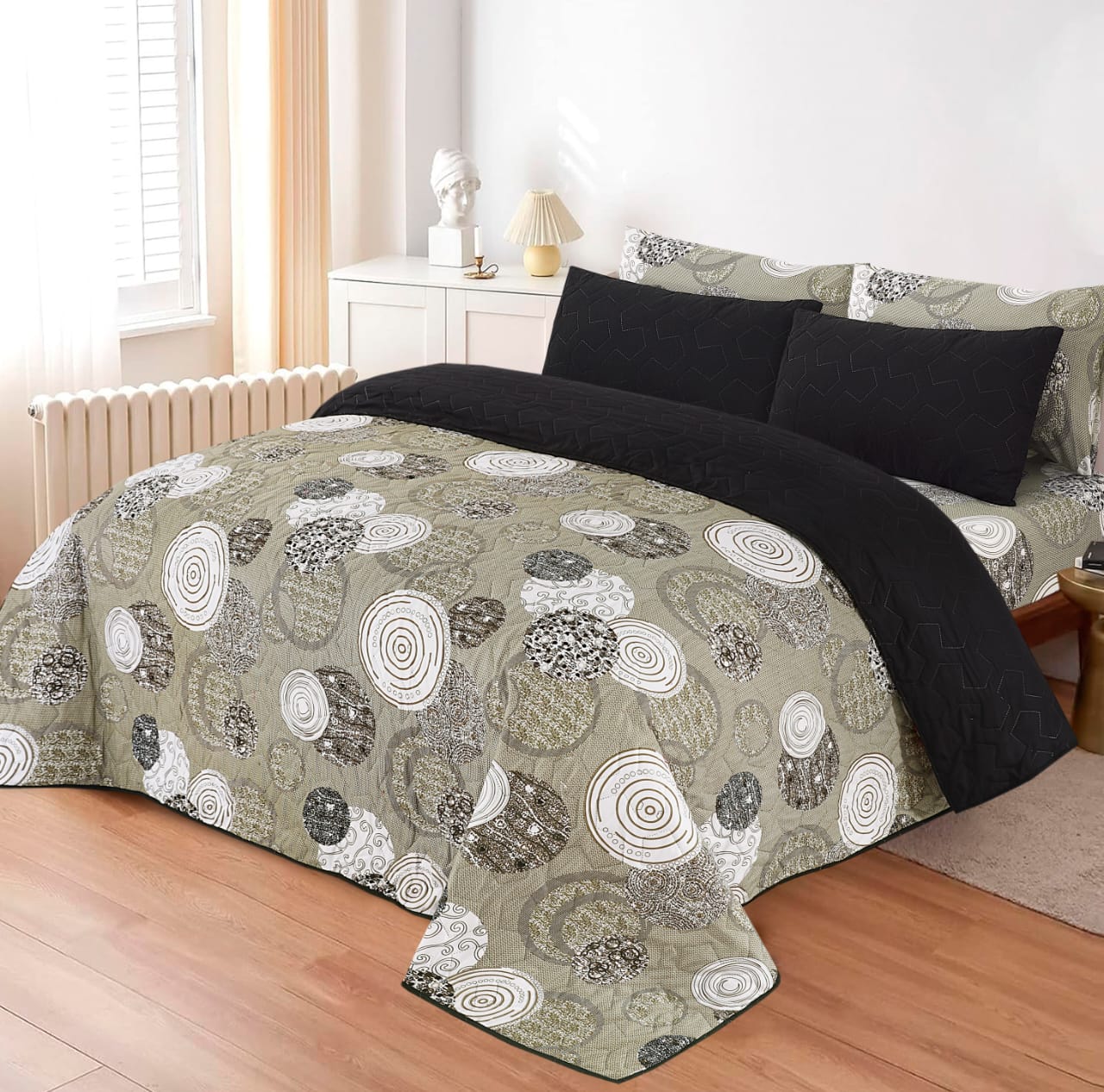 Taupe Mandala Rose 6-Piece Printed Bedspread Set