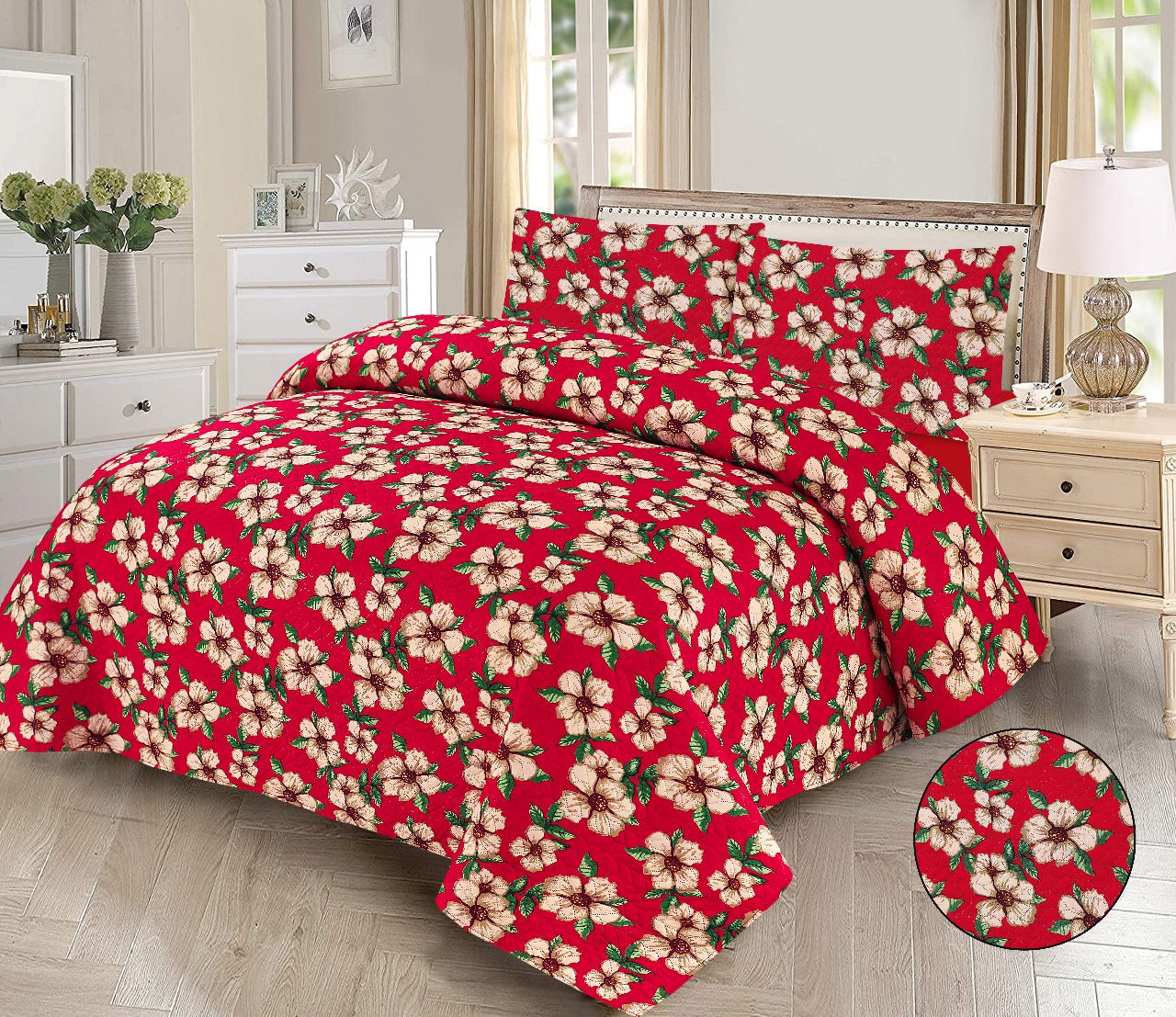 Elegant 3-Piece Red Flower Printed Bedsheet Set