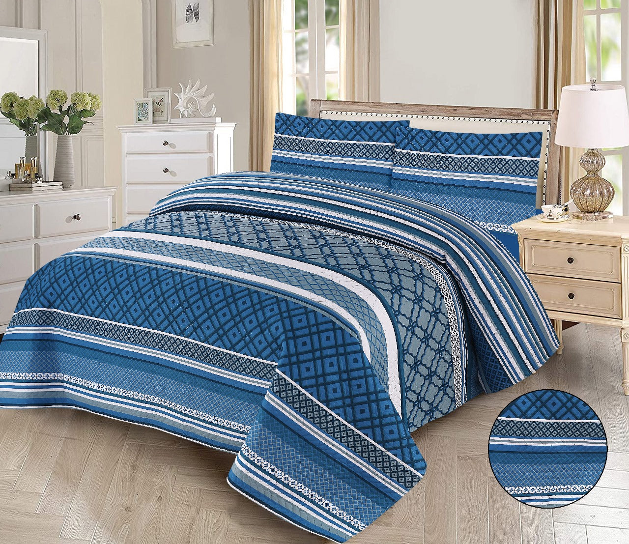 Elegant 3-Piece Blue Stripe Printed Bedsheet Set