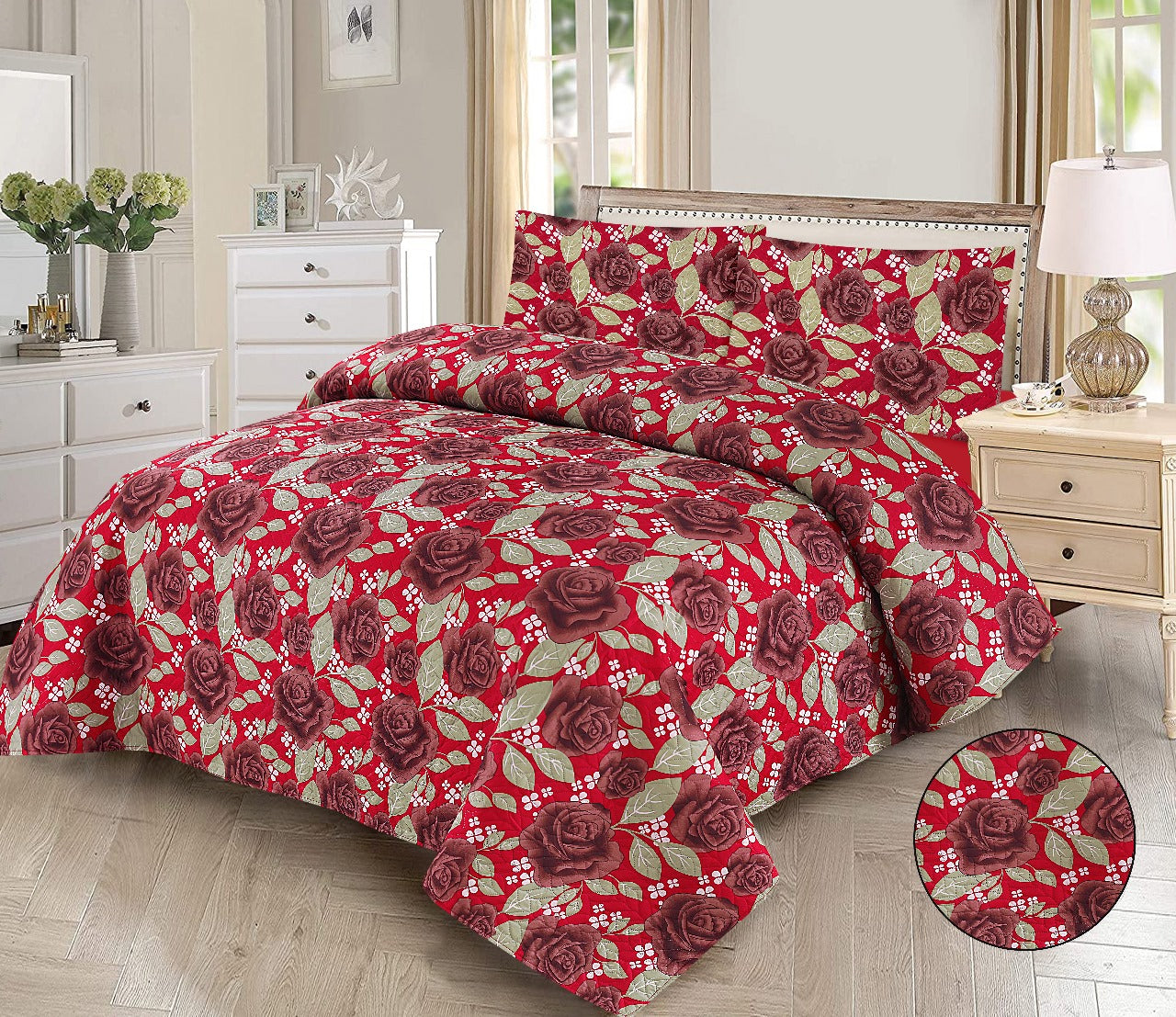 Elegant 3-Piece RoseBloom Printed Bedsheet Set