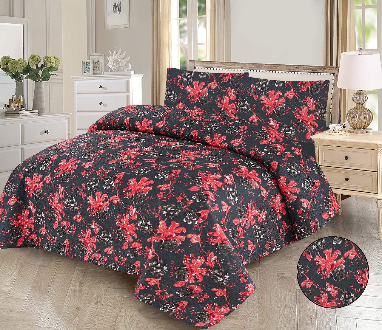 Elegant 3-Piece RedPetals Printed Bedsheet Set