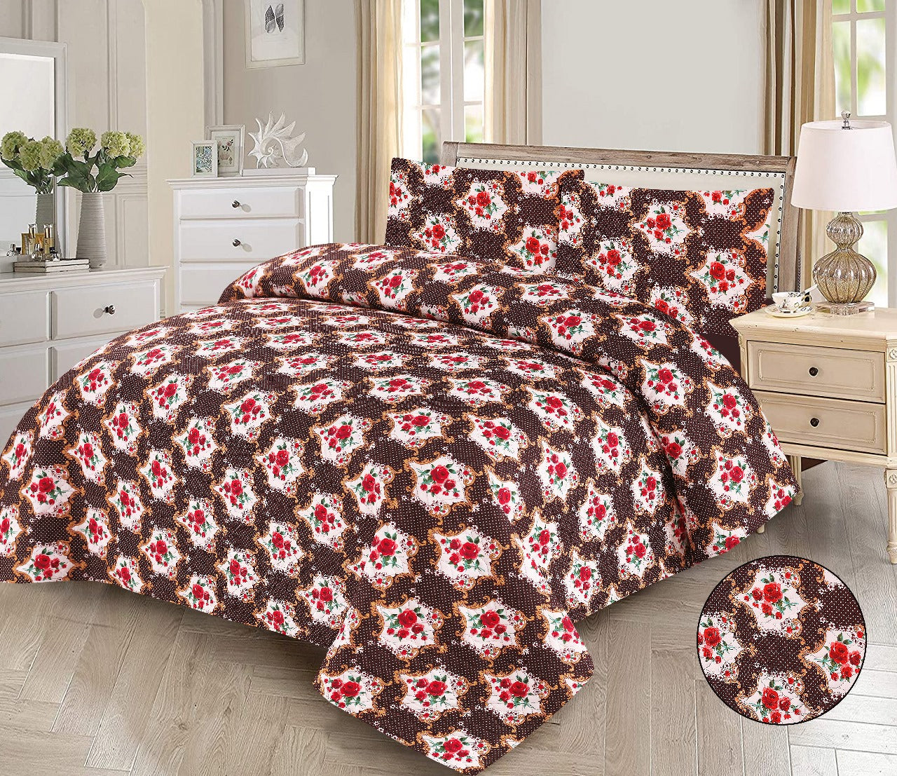 Elegant 3-Piece RoseEmbrace Printed Bedsheet Set