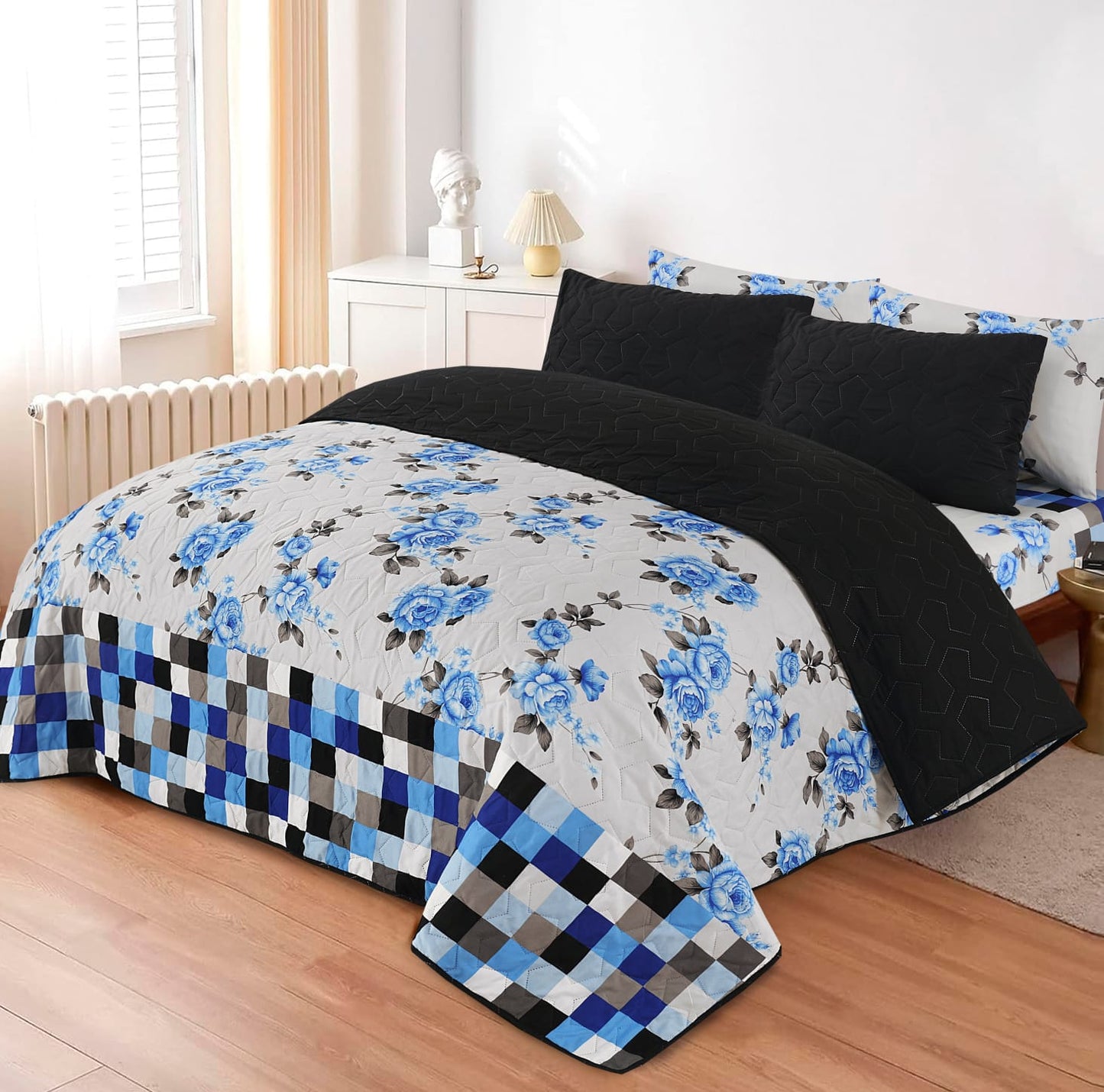 Blue Rose Haven Elegance Quilt  6-Piece Printed Bedspread Set