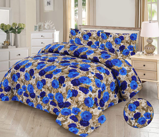 Elegant 3-Piece Blue Rose  Printed Bedsheet Set